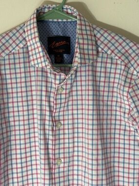 Egara Slim Fit Stretch Dress Shirt Mens Medium Pink Blue Check Non Iron